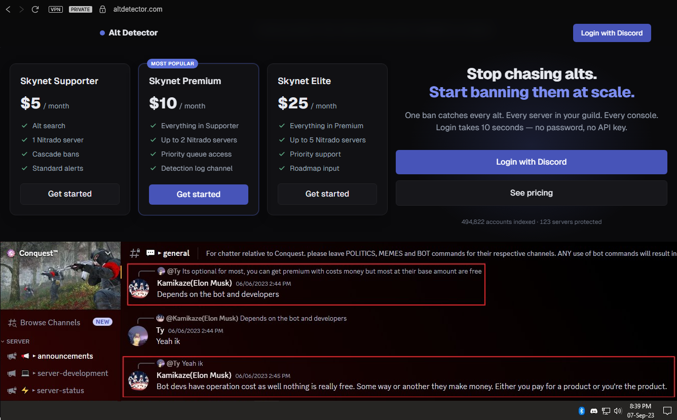 Alt Detector pricing beside a preserved SkyNet owner statement that users either pay for a product or become the product